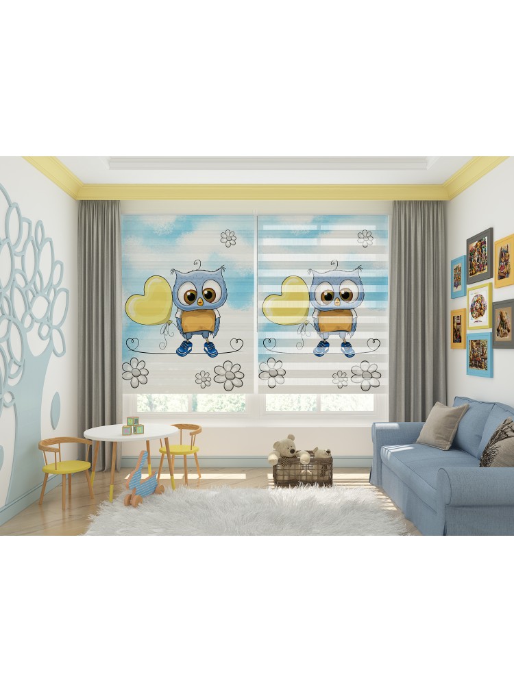 ZEBRA PERDE MAVİ ŞİRİN BAYKUŞ SARI KALPLİ